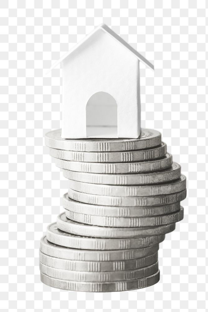 Png house savings coin stack, isolated object, transparent background