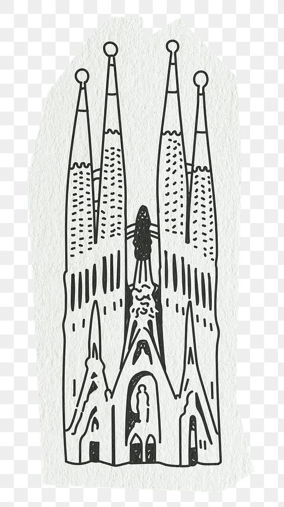 PNG Sagrada Familia building, Barcelona famous location, line art illustration, transparent background