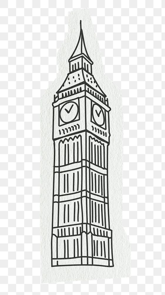 PNG Big Ben clock tower, famous location, line art illustration, transparent background