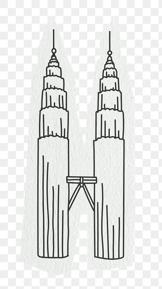 PNG Petronas Twin Towers, famous location in Malaysia, line art illustration, transparent background