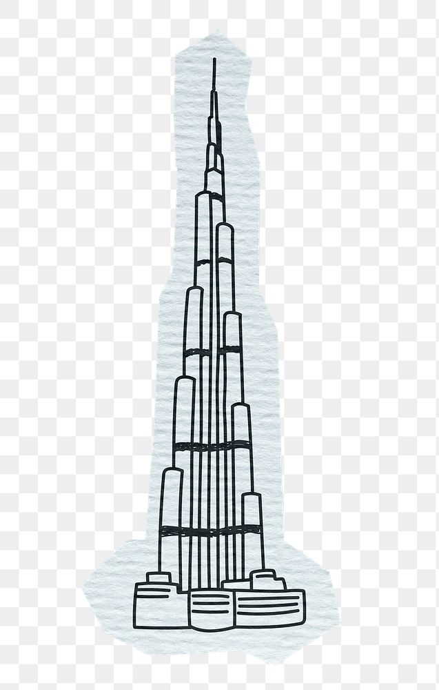 PNG Burj Khalifa skyscraper, famous Dubai location, line art illustration, transparent background
