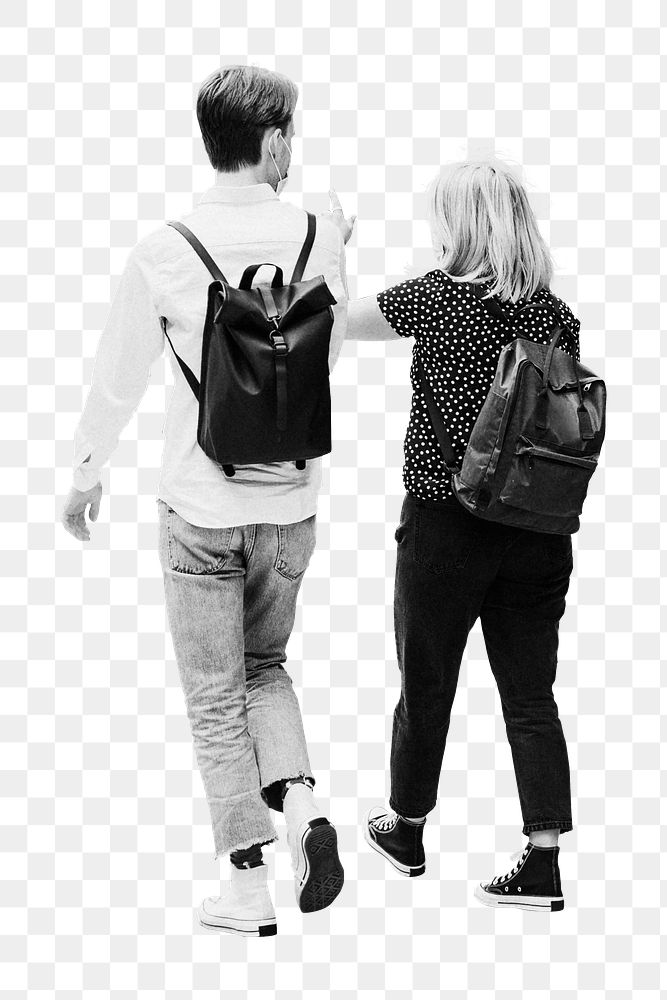 Png couple sightseeing black & white, transparent background