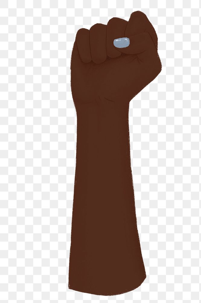 Raised black fist png, symbolic hand gesture illustration, transparent background