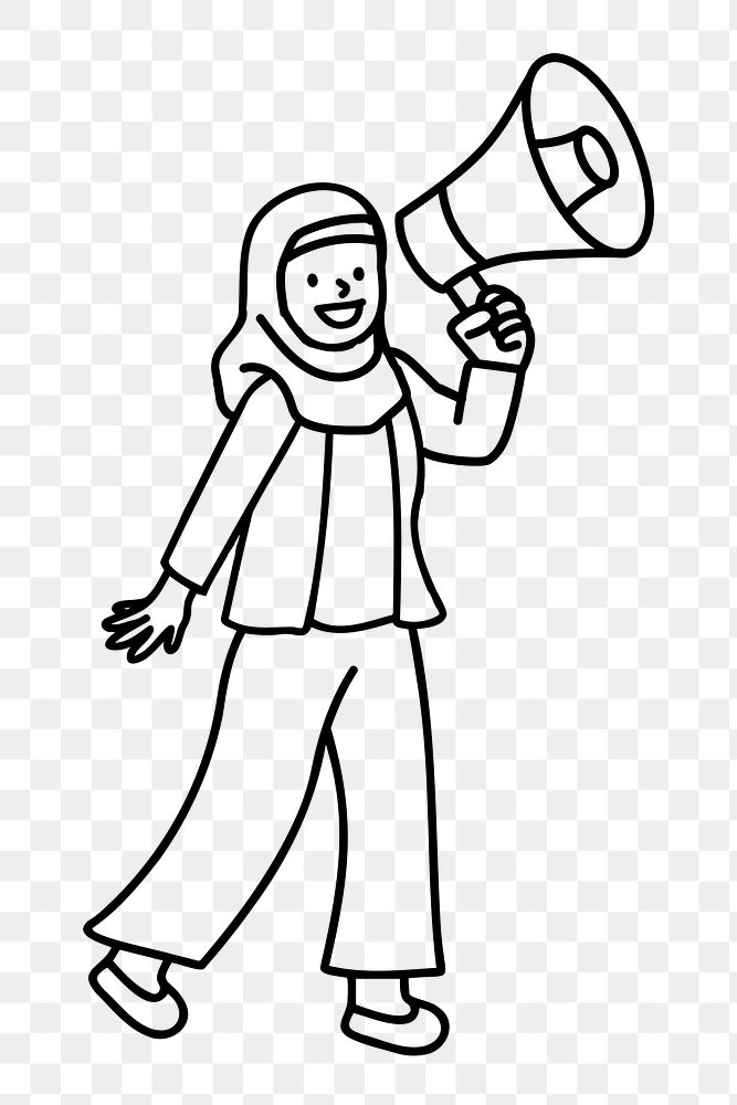 Png Muslim woman announcing on megaphone doodle, transparent background