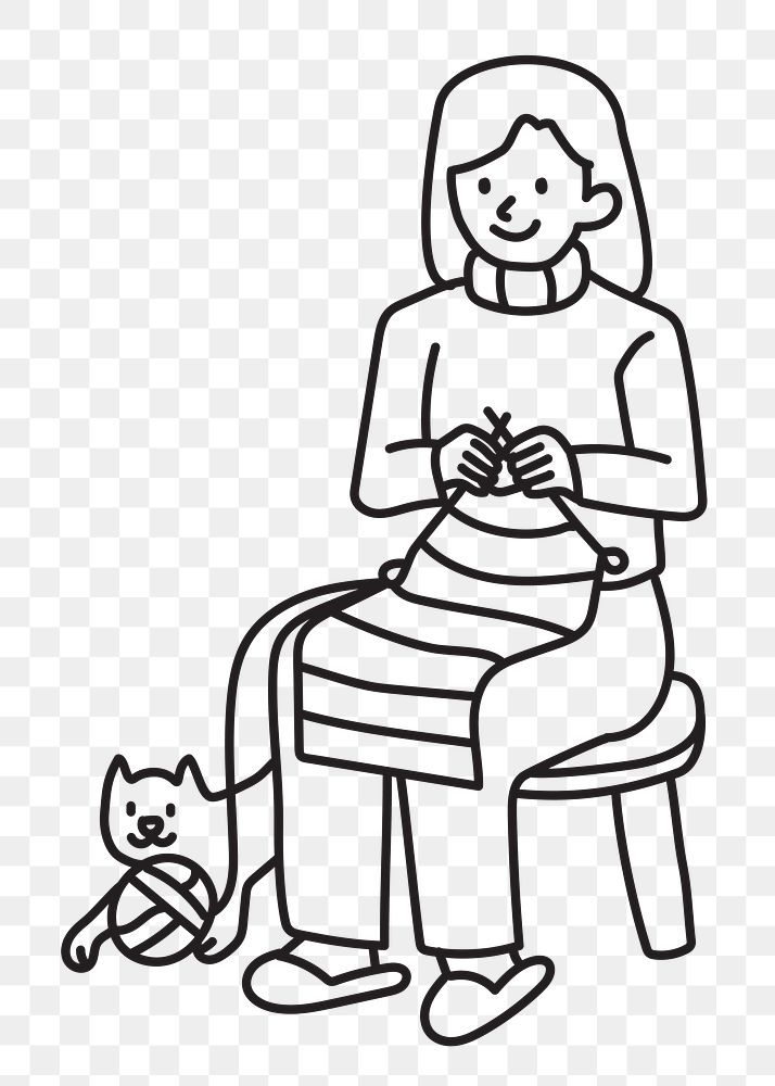 Png woman crocheting with kitty doodle, transparent background