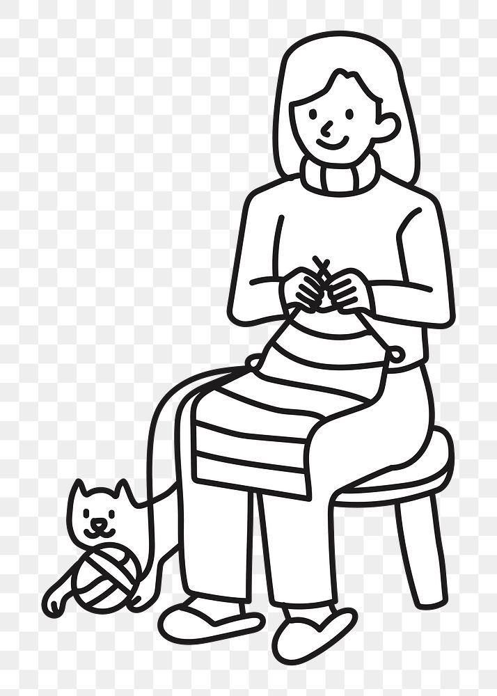 Png woman crocheting with kitty doodle, transparent background
