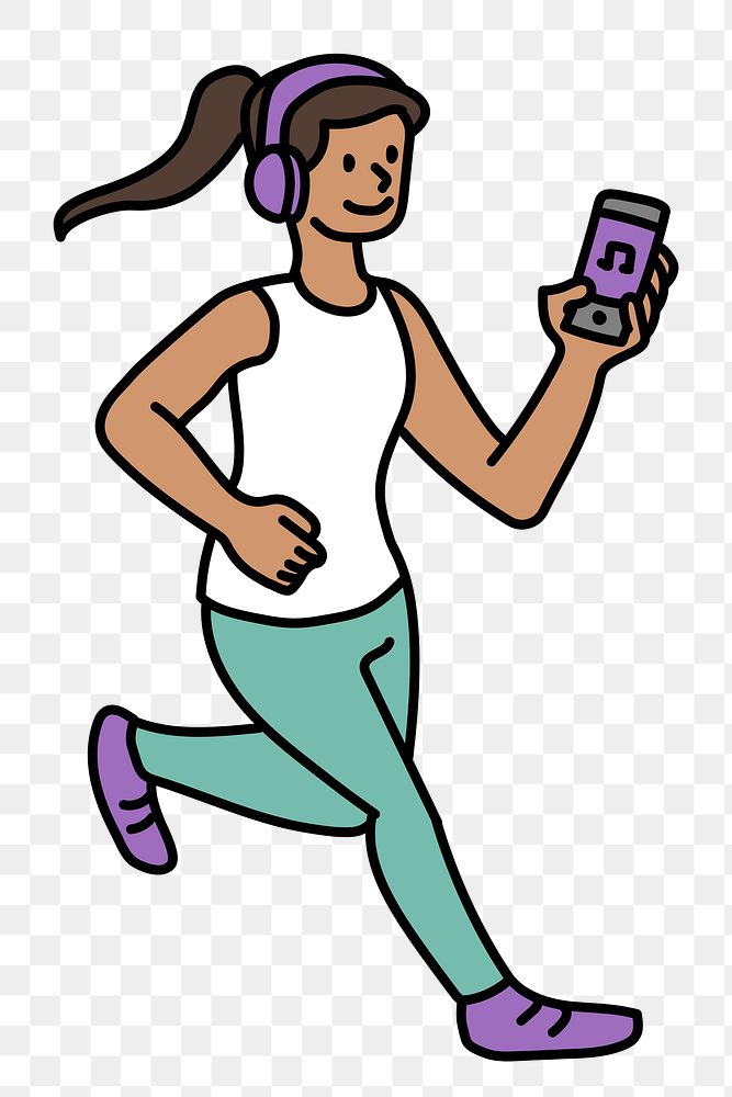 Png woman running with music doodle, transparent background