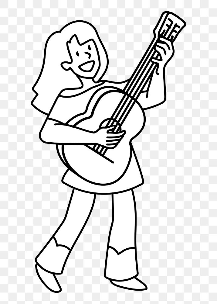 Png woman singing with guitar doodle, transparent background