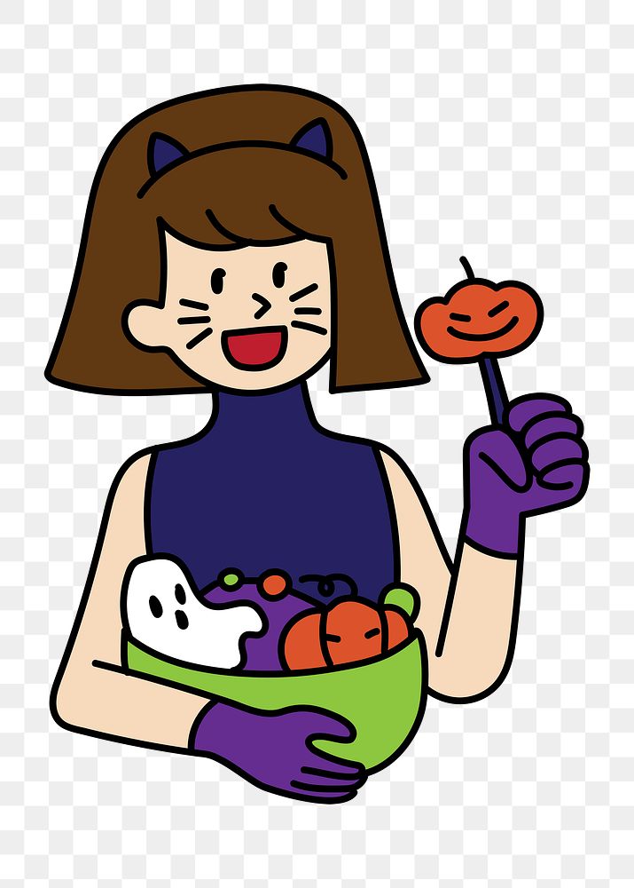 Png girl with Halloween candies doodle, transparent background