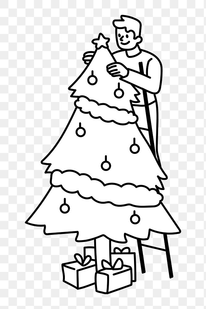 Png man decorating Christmas tree doodle, transparent background