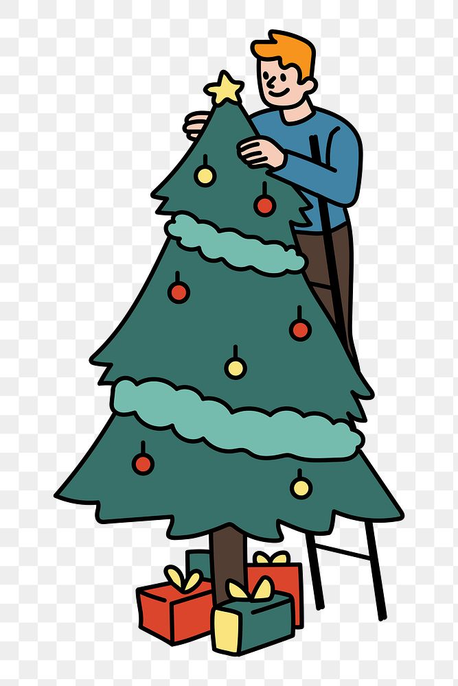 Png man decorating Christmas tree doodle, transparent background
