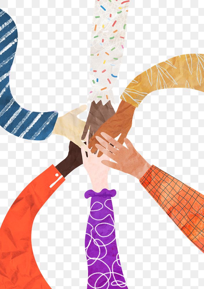 PNG Abstract diverse hands united, paper craft collage, transparent background