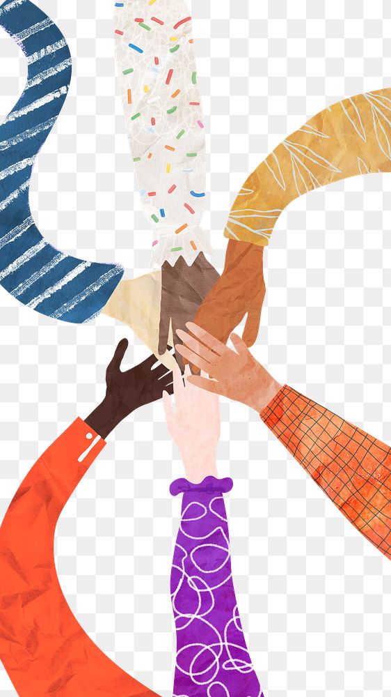 PNG Abstract diverse hands united, paper craft collage, transparent background
