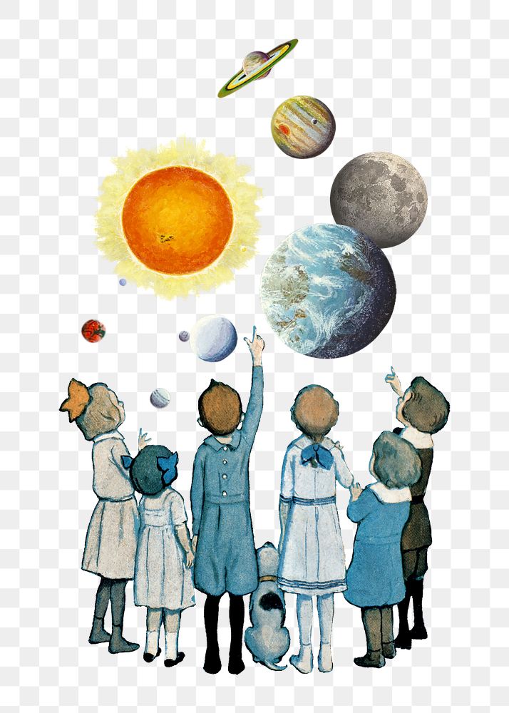 PNG Astronomy education, kids pointing planets remix, transparent background