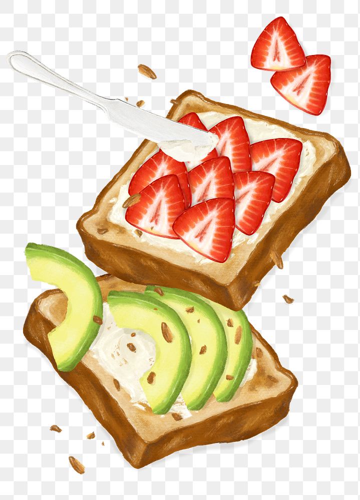 PNG Avocado & strawberry toast, breakfast food illustration, transparent background