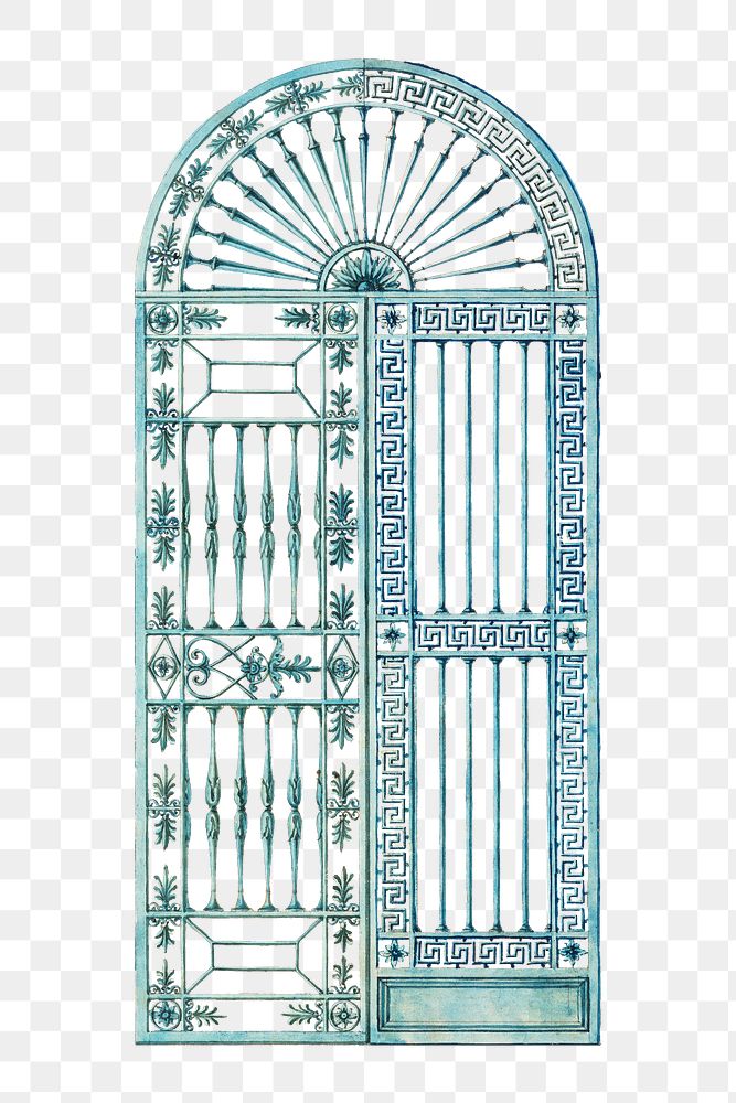 PNG Blue arched iron gate, vintage illustration, transparent background. Remixed by rawpixel.