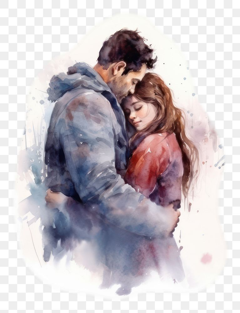 PNG watercolor illustration of couple hug, isolate illustration on paper --ar 3:2
