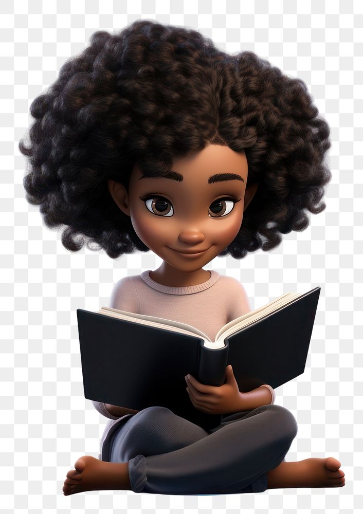PNG Reading cartoon black doll. 