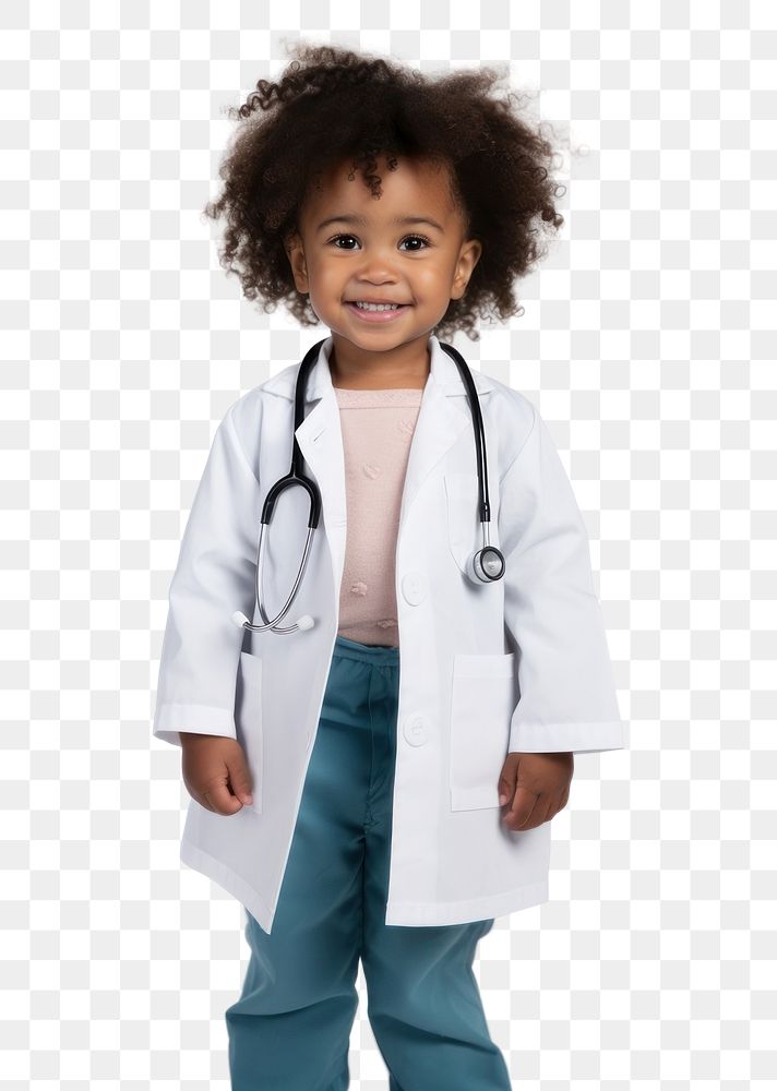 PNG Black female toddler wearing doctor costume portrait child white background. 