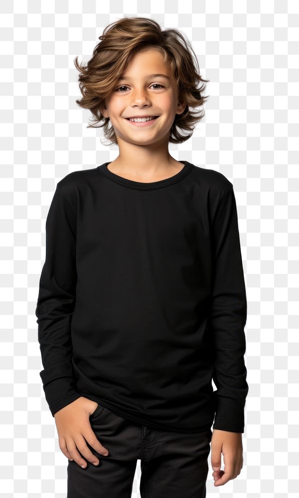 PNG A kid smiling wearing a black long sleeve T-shirt portrait photography sweatshirt. 