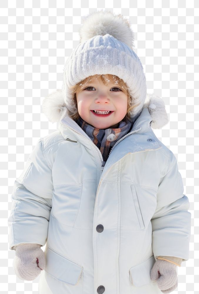 PNG Young child in winter clothing, wearing a white coat and hat, smiling warmly. Child in winter attire, cozy and cheerful…