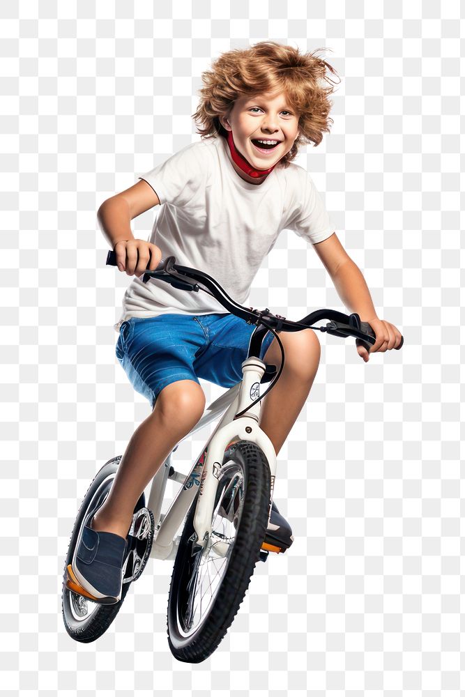 PNG photo of happy white kid riding bicycle, fullbody, isolated on transparent background --ar 3:2