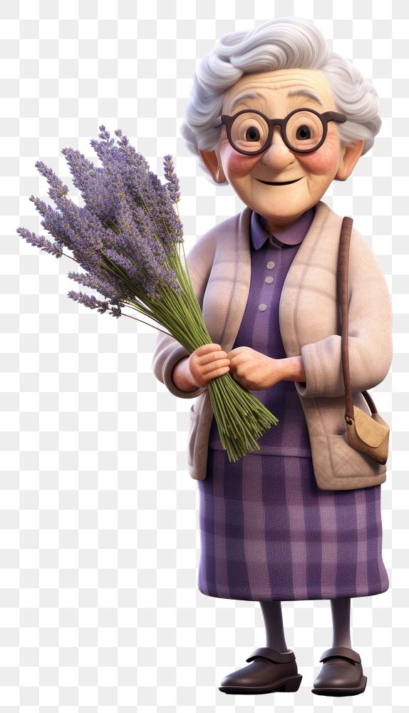 PNG Old woman holding a bunch lavender cartoon flower. AI generated Image by rawpixel.