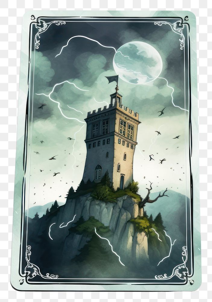 PNG Tarot card tower architecture white background. AI generated Image by rawpixel.