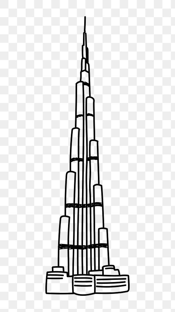 PNG Burj Khalifa Dubai doodle illustration, transparent background
