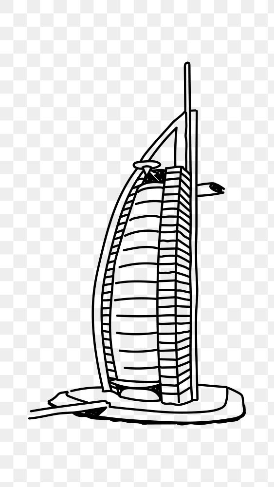 PNG Burj Al Arab Dubai doodle illustration, transparent background