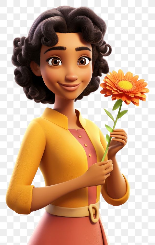 PNG Woman holding marigold flower smiling cartoon. AI generated Image by rawpixel.