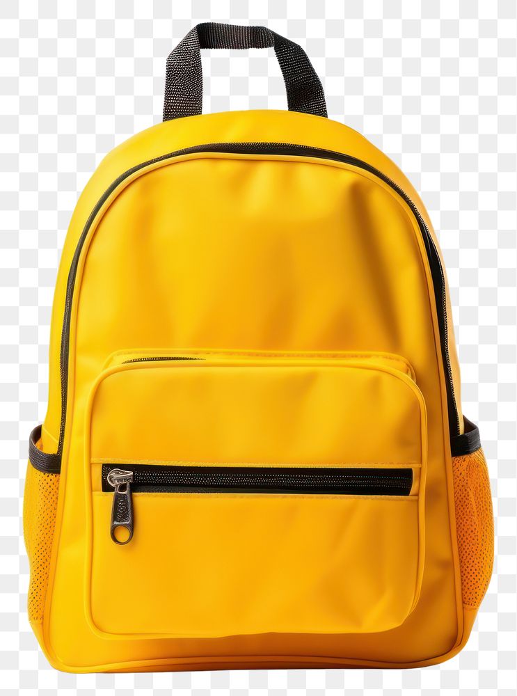 PNG Fabric bright school bus yellow color backpack bag white background handbag. 