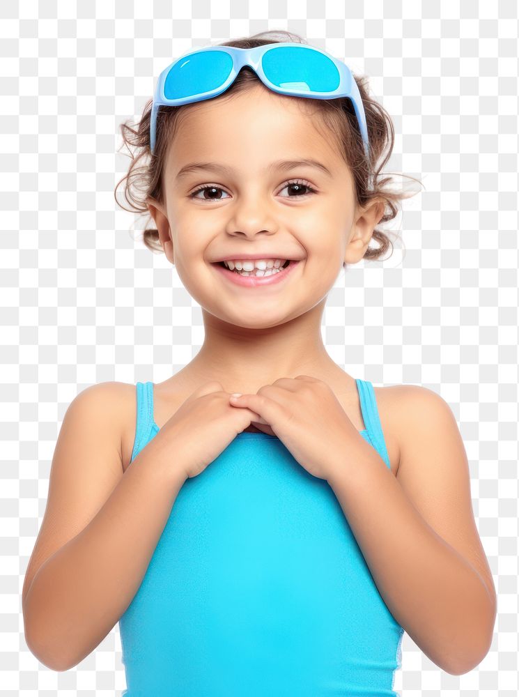PNG Little girl happy smile wearing swimming suit sunglasses swimwear portrait. AI generated Image by rawpixel.