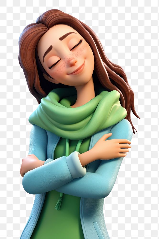 PNG  Character hugging herself cartoon scarf adult. AI generated Image by rawpixel.