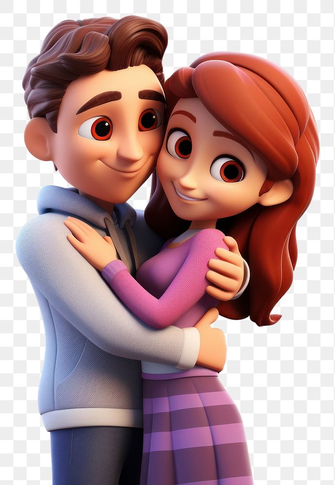 PNG Couple hugging cartoon doll toy. 