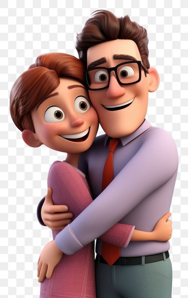 PNG Cartoon hugging adult woman. 