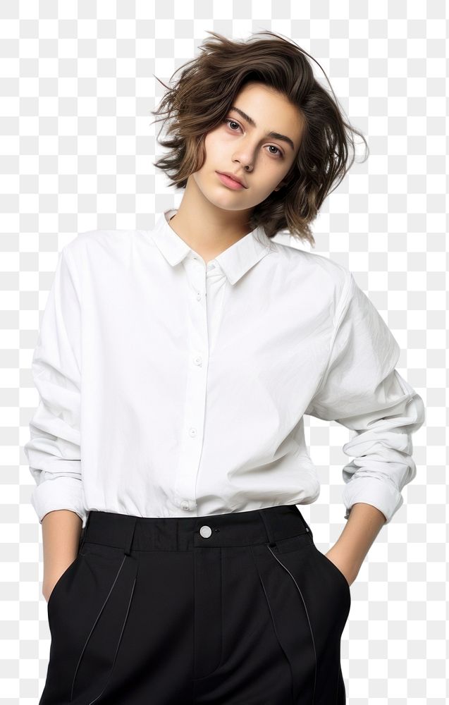 PNG Androgynous clothes fashion white contemplation. AI generated Image by rawpixel.
