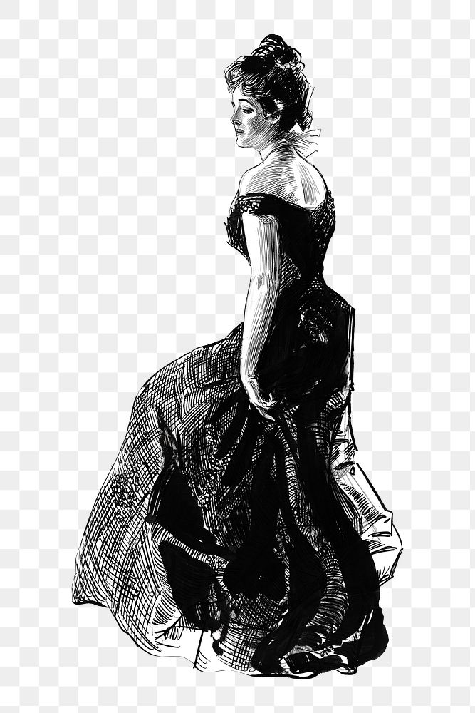 PNG Woman in black evening dress, vintage woman illustration by Charles Dana Gibson, transparent background. Remixed by…