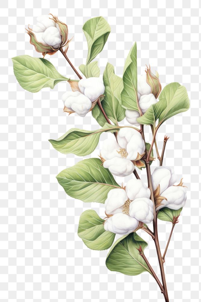 PNG Branch cotton plant white. 