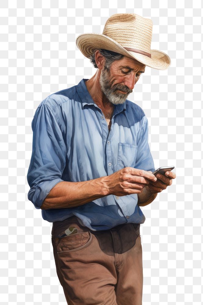 PNG Farmer using smartphone adult hat white background. AI generated Image by rawpixel.