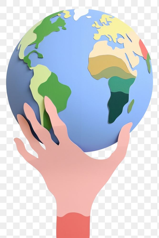 PNG Hands holding a paper earth planet globe topography. 