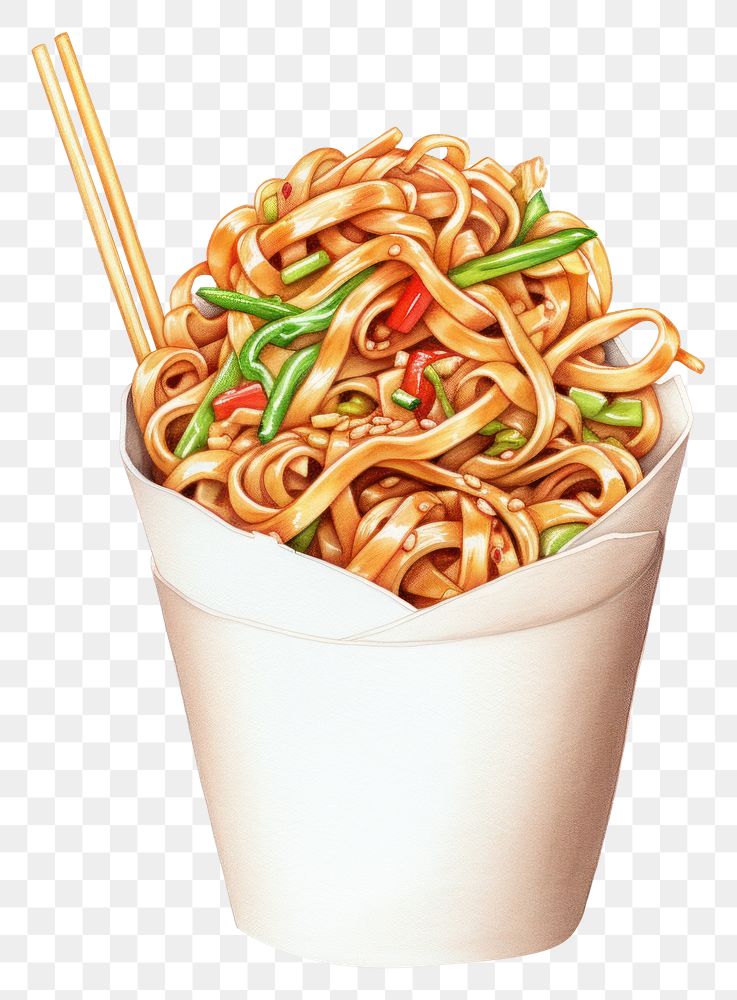 PNG Digital paint illustration Of Wok noodle box chopsticks food white background. AI generated Image by rawpixel.