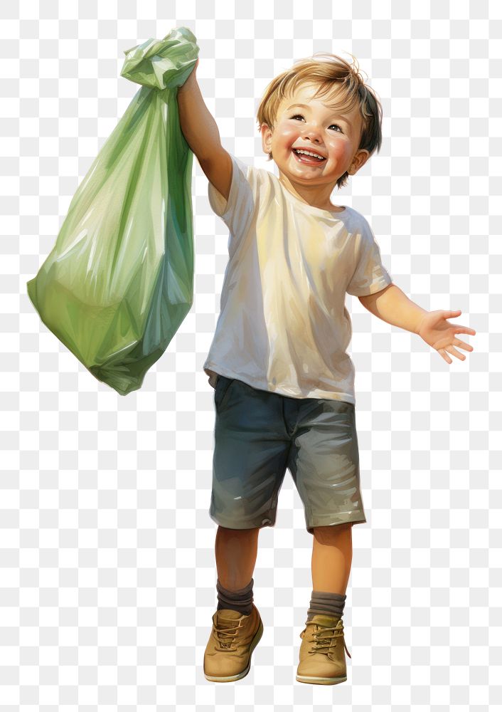 PNG A joyful kid proudly holding a green garbage bag child plastic white background. AI generated Image by rawpixel.