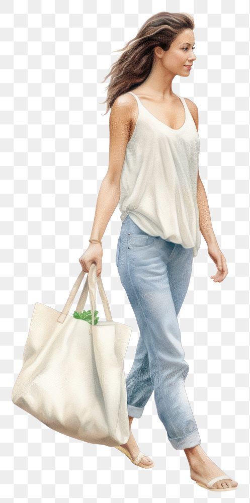 PNG A woman using a cotton tote bag carrying handbag jeans. 