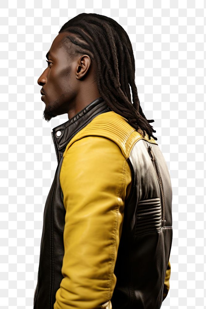 PNG Black man jacket leather yellow. AI generated Image by rawpixel.