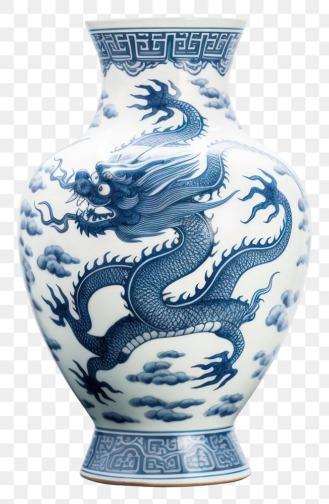 PNG Vase blue dragon porcelain china pottery art  