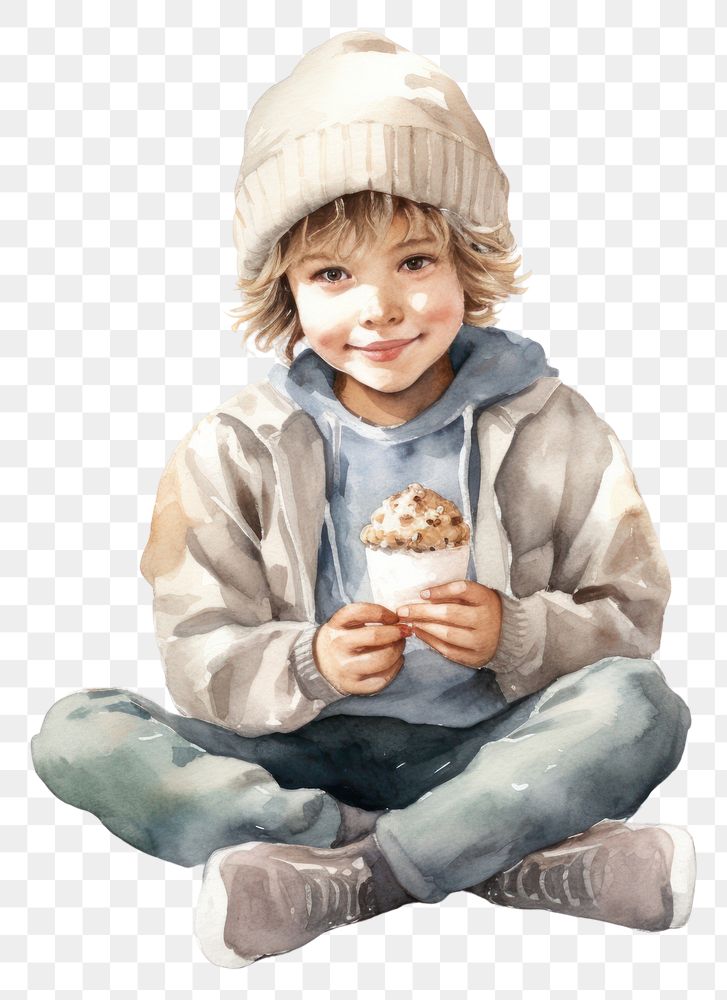 PNG Watercolor boy eating ice cream portrait sitting child. AI generated Image by rawpixel.