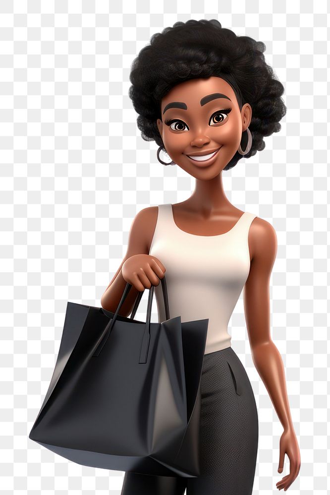 PNG Black woman holding tote bag 3d cartoon handbag adult doll. AI generated Image by rawpixel.