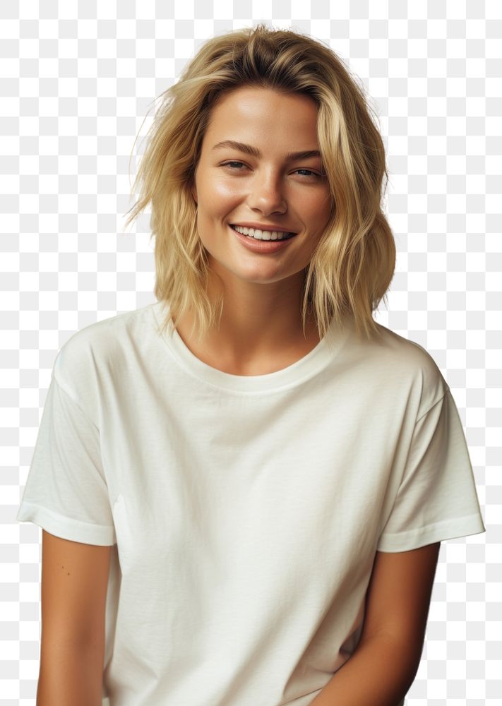 PNG  T-shirt portrait blonde smile. AI generated Image by rawpixel.