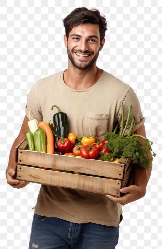 PNG Man holding vegetable wodden box basket adult plant. AI generated Image by rawpixel.